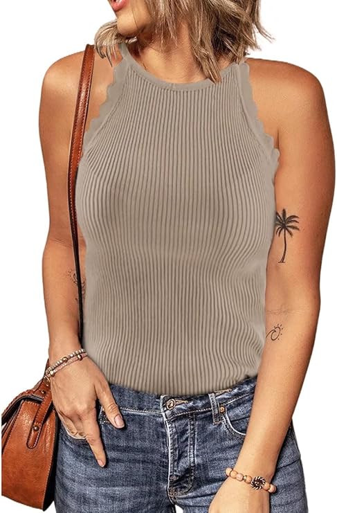 Dokotoo Womens 2023 Summer Ribbed Knit Tight Slim Fitted Casual Summer Scallop Edge Sleeveless Sh... | Amazon (US)