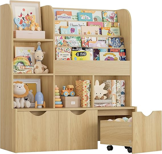 FOTOSOK 47'' Kids Bookshelf with Toy Storage, Multifunctional Bookcase with 5 Storage Cubbies and... | Amazon (US)