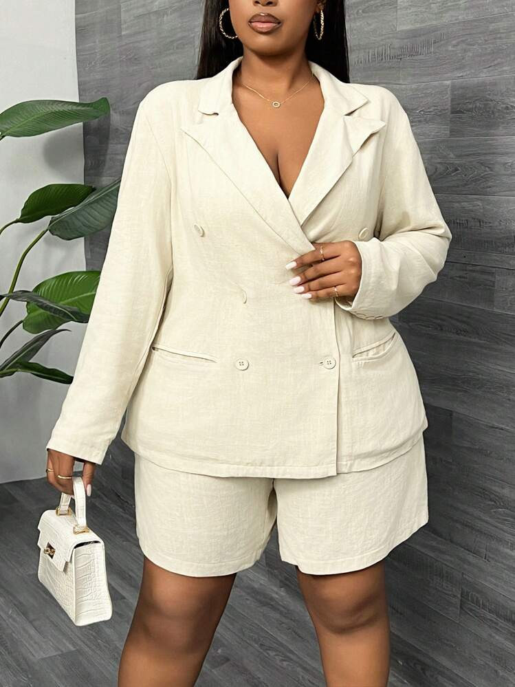 SHEIN SXY Plus Size Double-Breasted Vacation Style Blazer Shorts Set | SHEIN