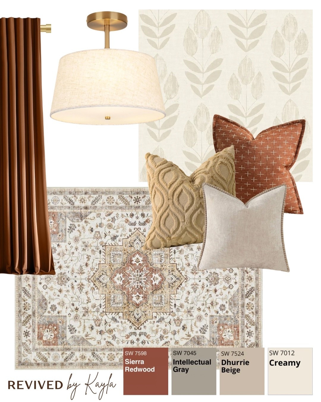 Burnt orange and beige room design with paint colors from Sherwin Williams and decor from Amazon 🍂 

#homedecor #homedesign #homeinspo #inspiration #roomdesign #roomdecor #amazon #amazonfinds #amazonhome #burntorange #falldecor #fallcolors #fallhome Fall colored rug, curtains, throw pillows, beige wallpaper, gold light fixture

#LTKFindsUnder50 #LTKHome #LTKFindsUnder100