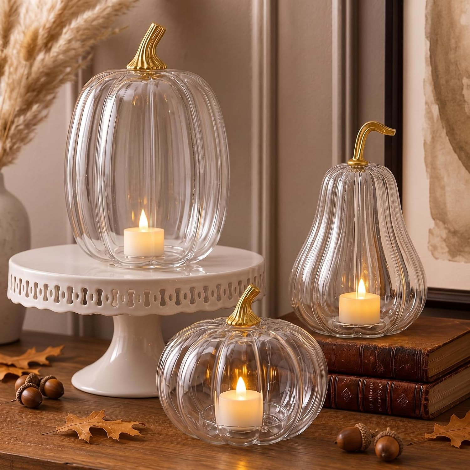 Yungyan Set of 3 Glass Pumpkin Fall Decor Table Centerpiece, Clear | Amazon (US)