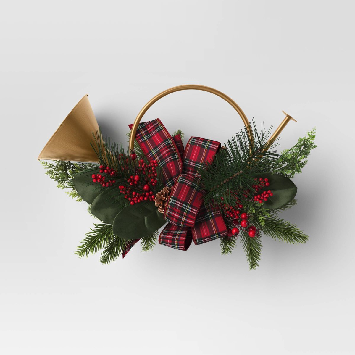 13" Metal Horn with Greenery and Plaid Bow Artificial Christmas Wreath Green/Red - Wondershop™ | Target