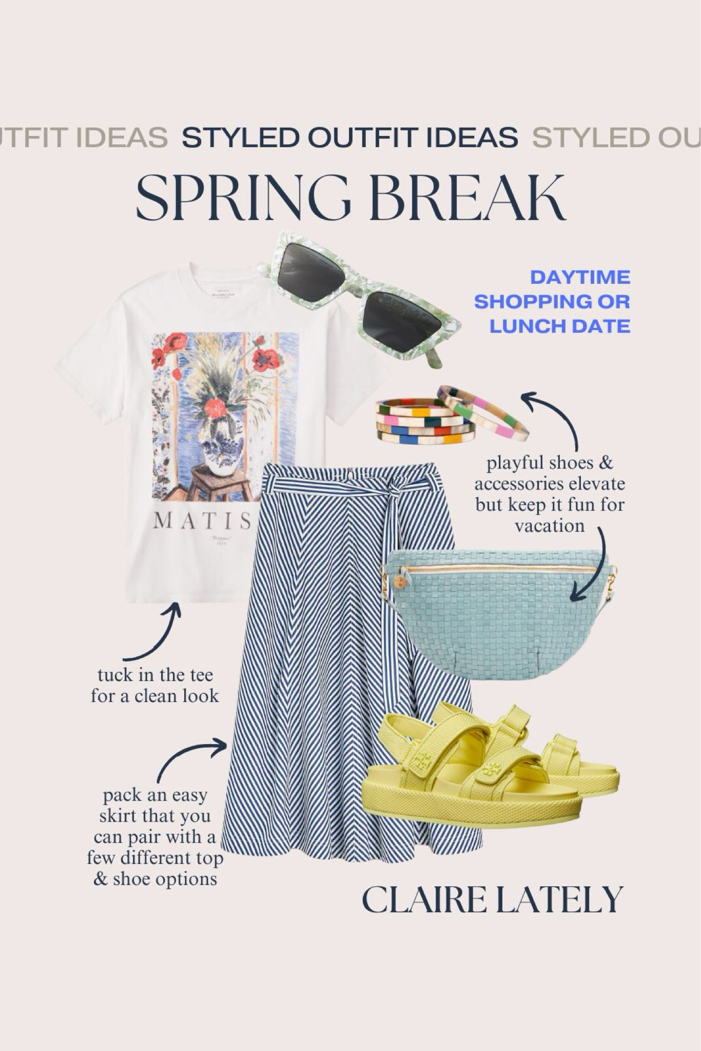 Spring Break Vacation Outfit Idea - lunch date or daytime shopping. Easy madewell skirt, Clare v grande Fanny, playful bracelet stack, under $50 sunglasses, Abercrombie tee, Tory Burch favorite sandals 
❤️ CLAIRE LATELY 



#LTKtravel #LTKshoecrush #LTKSpringSale