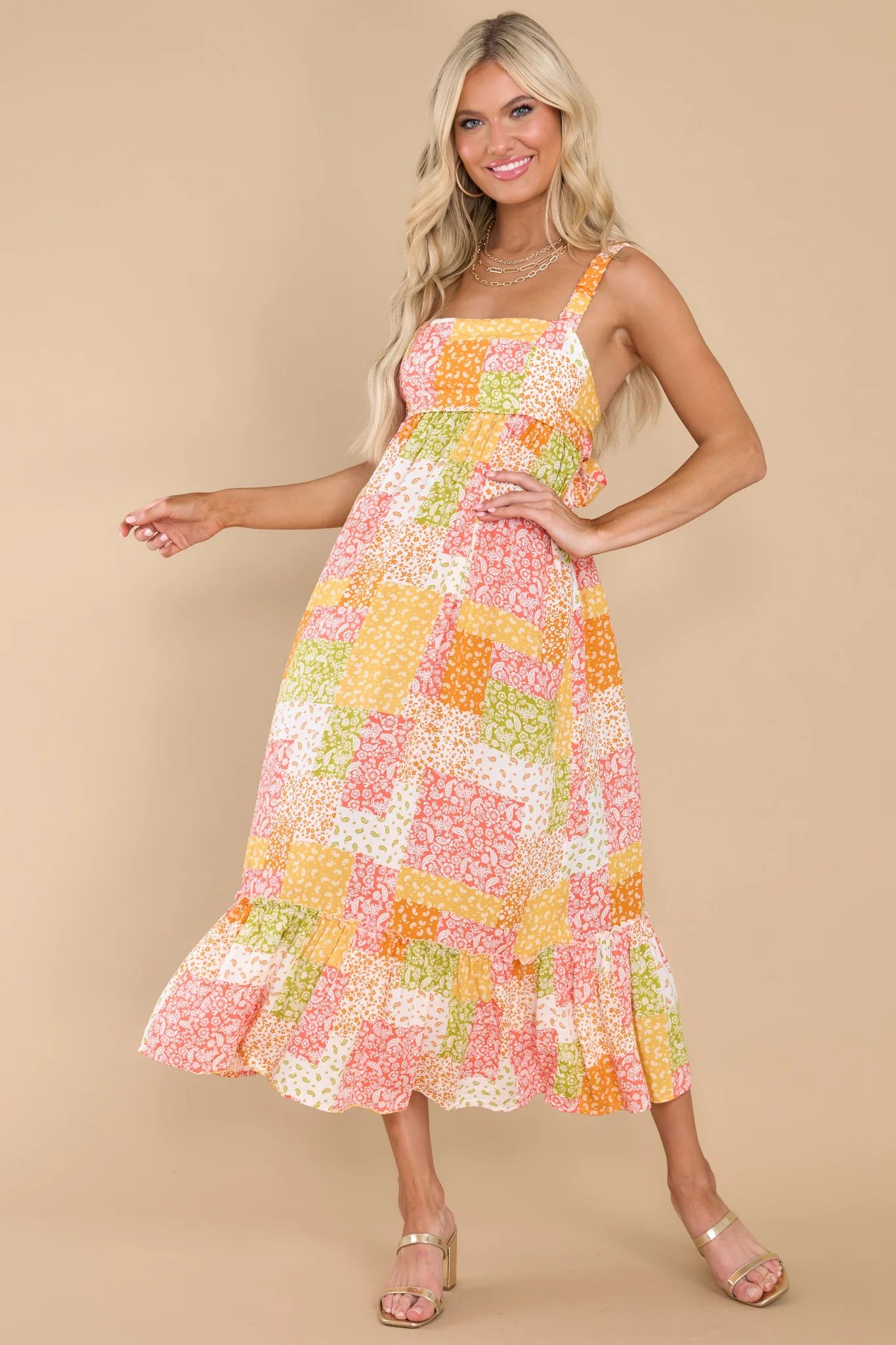 Easy Breezy Coral Multi Patchwork Dress | Red Dress 