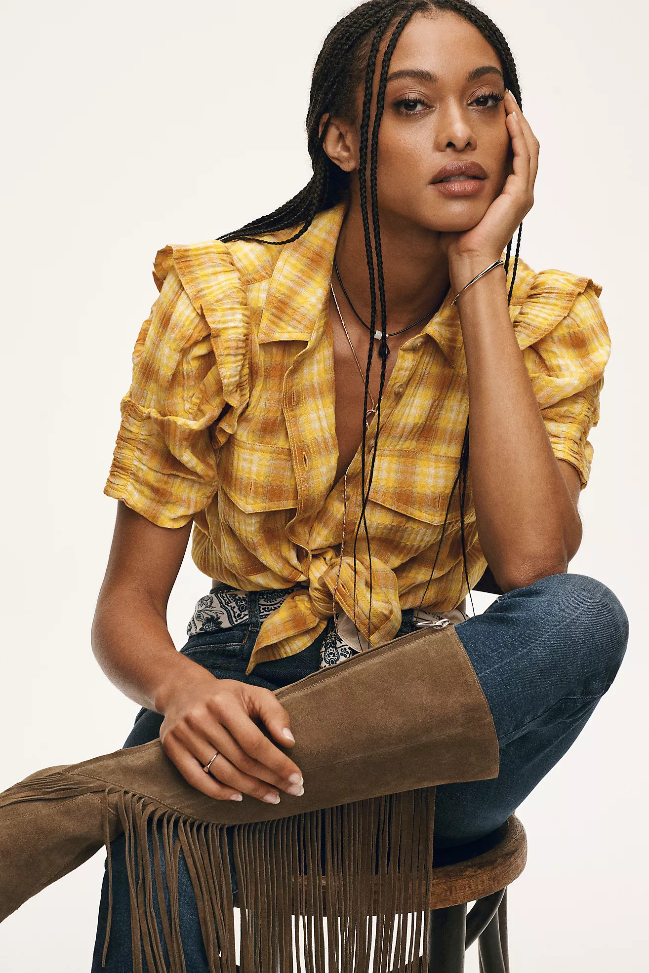 The Ozzi Plaid Ruffle-Sleeve Buttondown Shirt by Pilcro | Anthropologie (US)