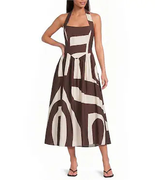 Kacey Geometric Printed Halter Neck Sleeveless A-Line Midi Dress | Dillard's