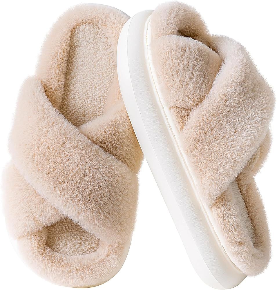 WATMAID Womens Slippers Fluffy Slippers Ultra Soft Open Toe Fuzzy House Slippers Plush Fur Slippers  | Amazon (US)