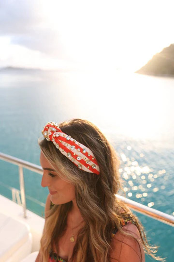Red & White Striped Canvas Jeweled Headband | La Bella Shop