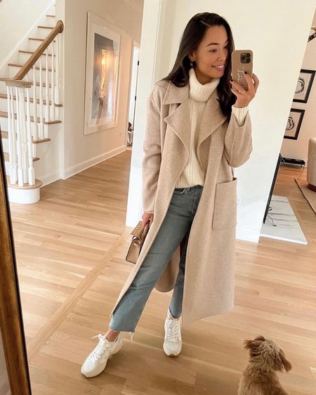 Kat Jamieson of With Love From Kat shares a winter outfit. Beige wool coat, cashmere turtleneck, white sneakers, casual style, neutral style.

#LTKSeasonal #LTKshoecrush #LTKstyletip