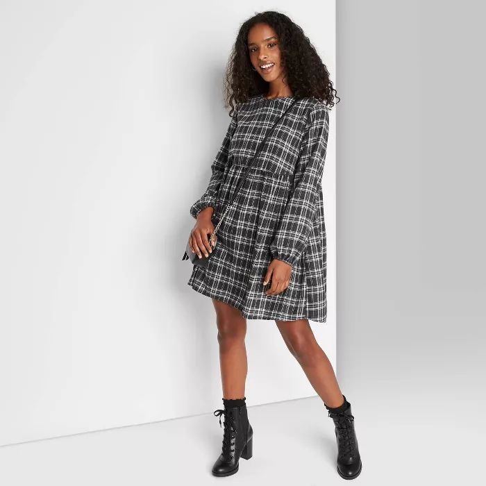 Women's Plaid Long Sleeve Woven Babydoll Dress - Wild Fable™ | Target