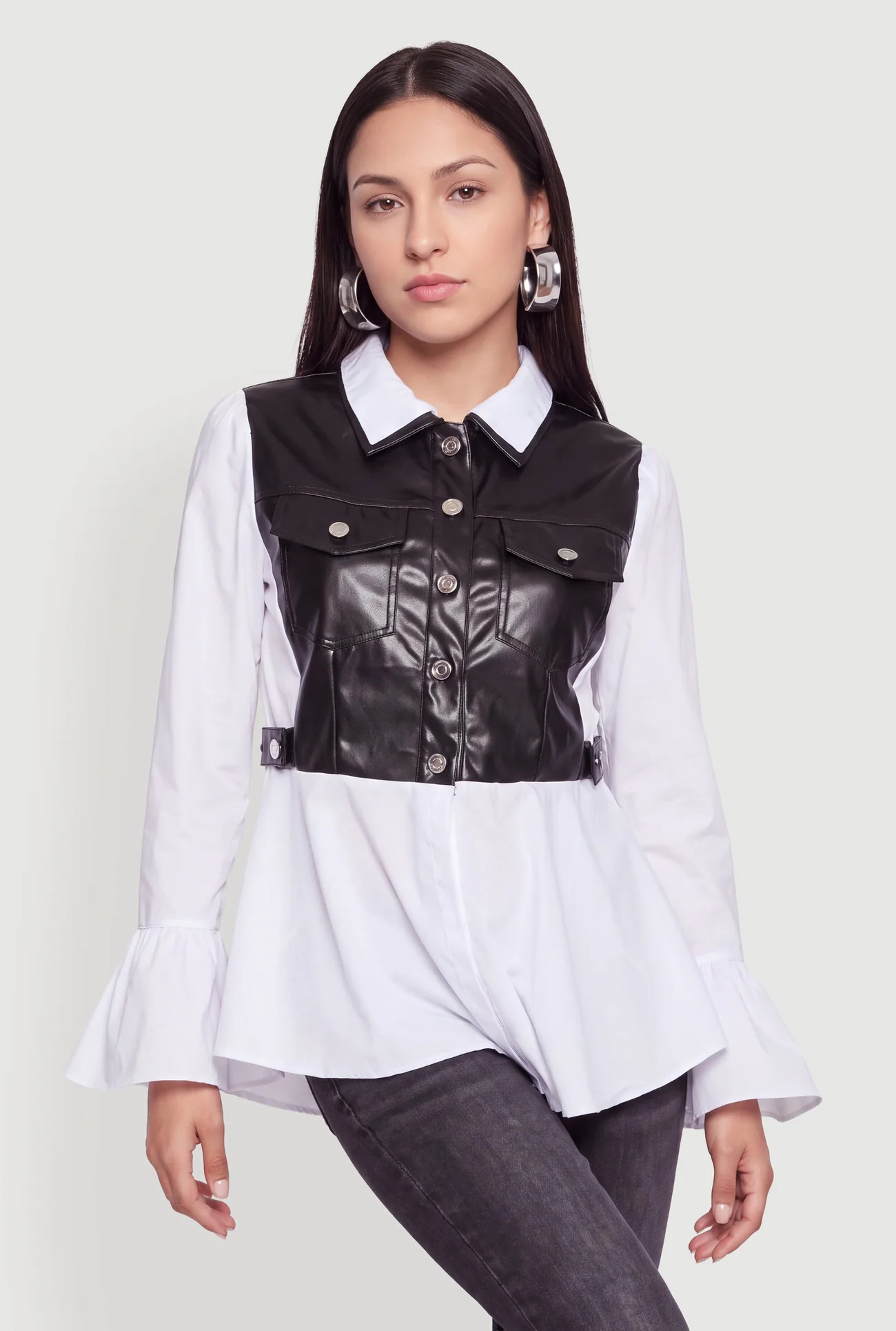 Faux Leather Layered Look Bell Sleeve Shirt | Rainbow Shops