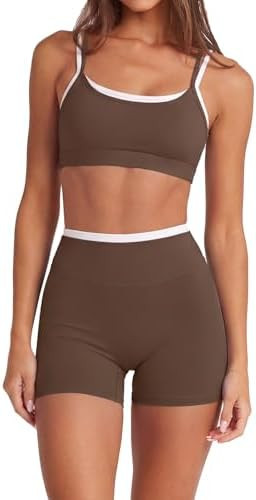 SUUKSESS Women 2 Pieces Workout Sets Padded Spaghetti Straps Camis High Waist Biker Shorts | Amazon (US)