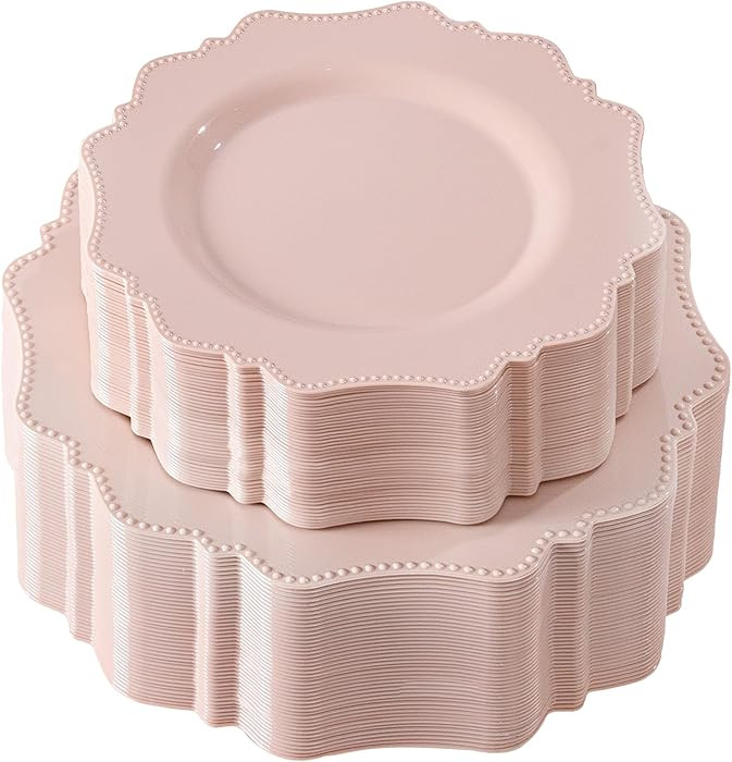 COLOSUS 100 pcs Pink Plastic Plates Set, Nice Disposable Plates,Pink Disposable plates Set for 50... | Amazon (US)
