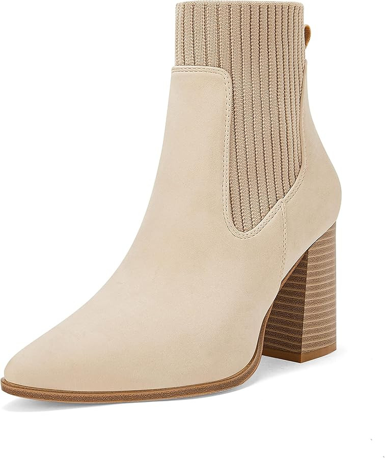Coutgo Women Pointed Toe Ankle Boots Knit Sock Boot Chunky Block Stacked Mid Heel Comfortable Che... | Amazon (US)