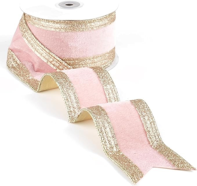 Pink and Champagne Gold Velvet Wired Ribbon 2.5" X 10 Yards Pink Velvet with Champagne Gold Glitt... | Amazon (US)