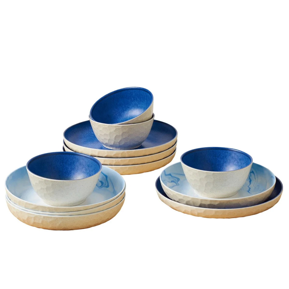 Better Homes & Gardens 12-Piece Bamboo Melamine Dinnerware Set, Reactive Blue | Walmart (US)