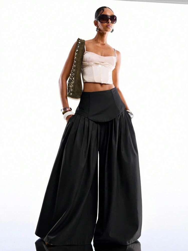 LYSMO 2026 New Minimalist Street Style Y2k Summer/New Solid Black Pleated Wide-Leg Pants, Suitabl... | SHEIN