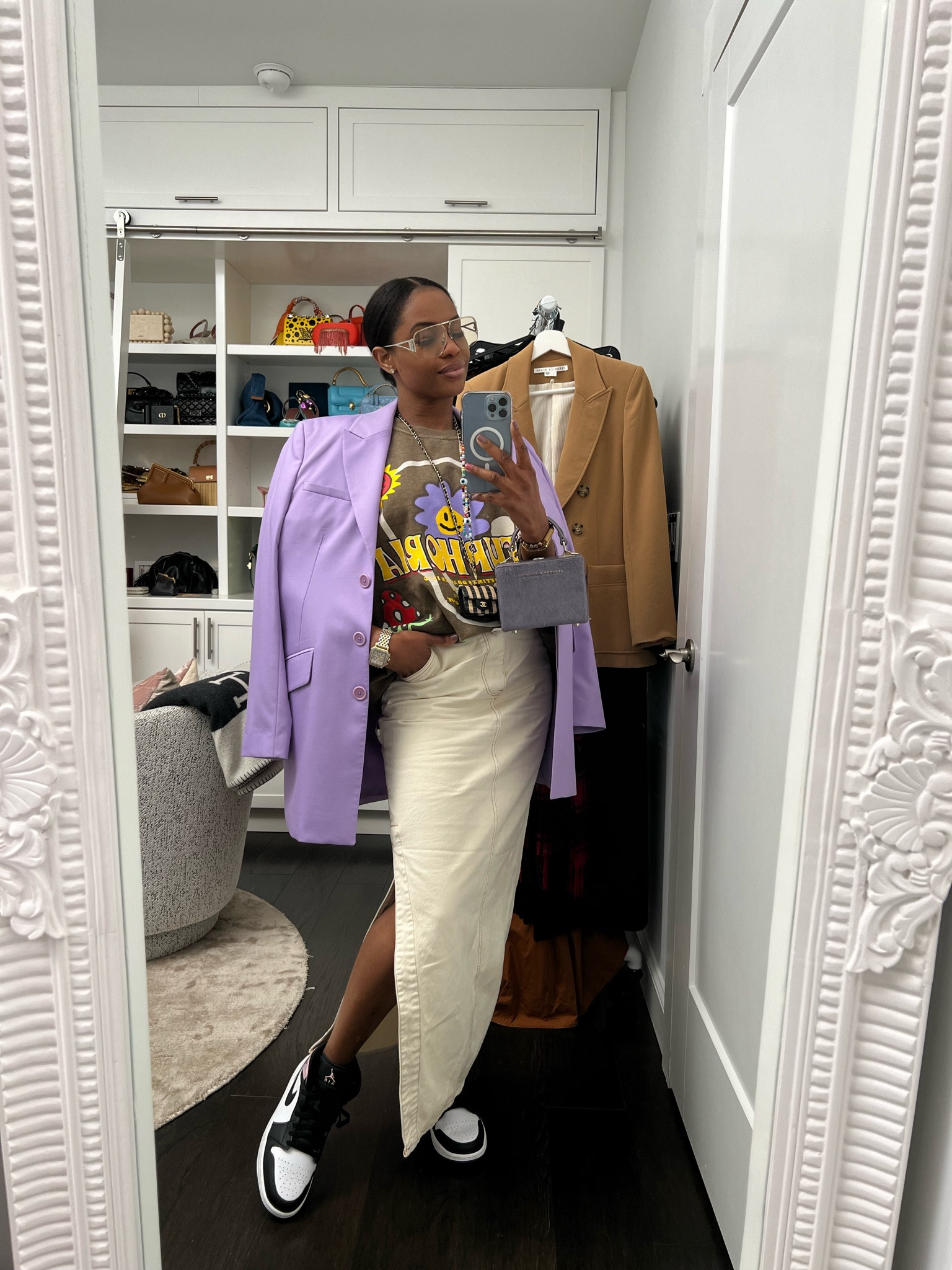 Today's outfit. Love a maxi denim skirt and this one in ivory is everything! This look is a great way to elevate casual pieces. You can dress up your oversize sweatshirts and oversize blazers by simply pairing them together, and slight style tips like a half tuck, and throwing a blazer over your shoulder, all featured in this post. 

#LTKfindsunder50 #LTKstyletip #LTKover40