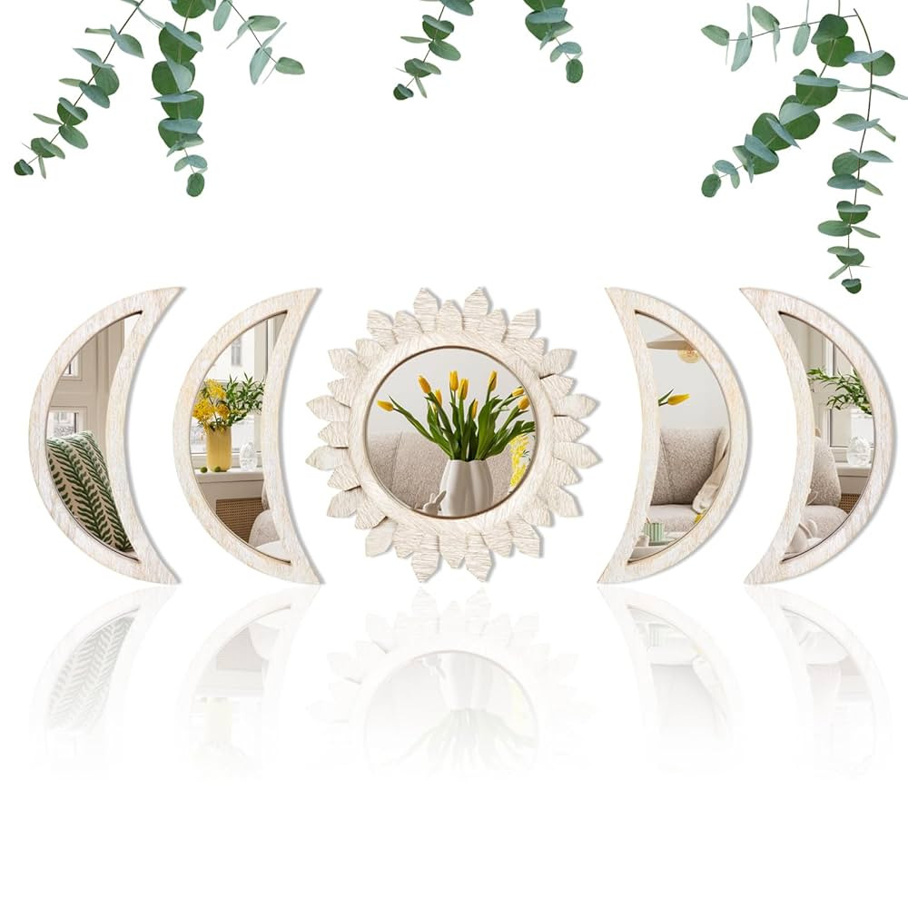 5 Pieces Moon Phase Mirror Wall-Mounted Wall Decor Mirrors Natural Wooden Sunburst Bohemian Wall ... | Amazon (US)