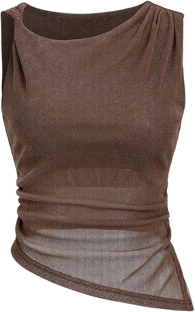 SOLY HUX Women's Ruched Glitter Tank Top Crew Neck Sleeveless Asymmetrical Going Out Tops | Amazon (US)