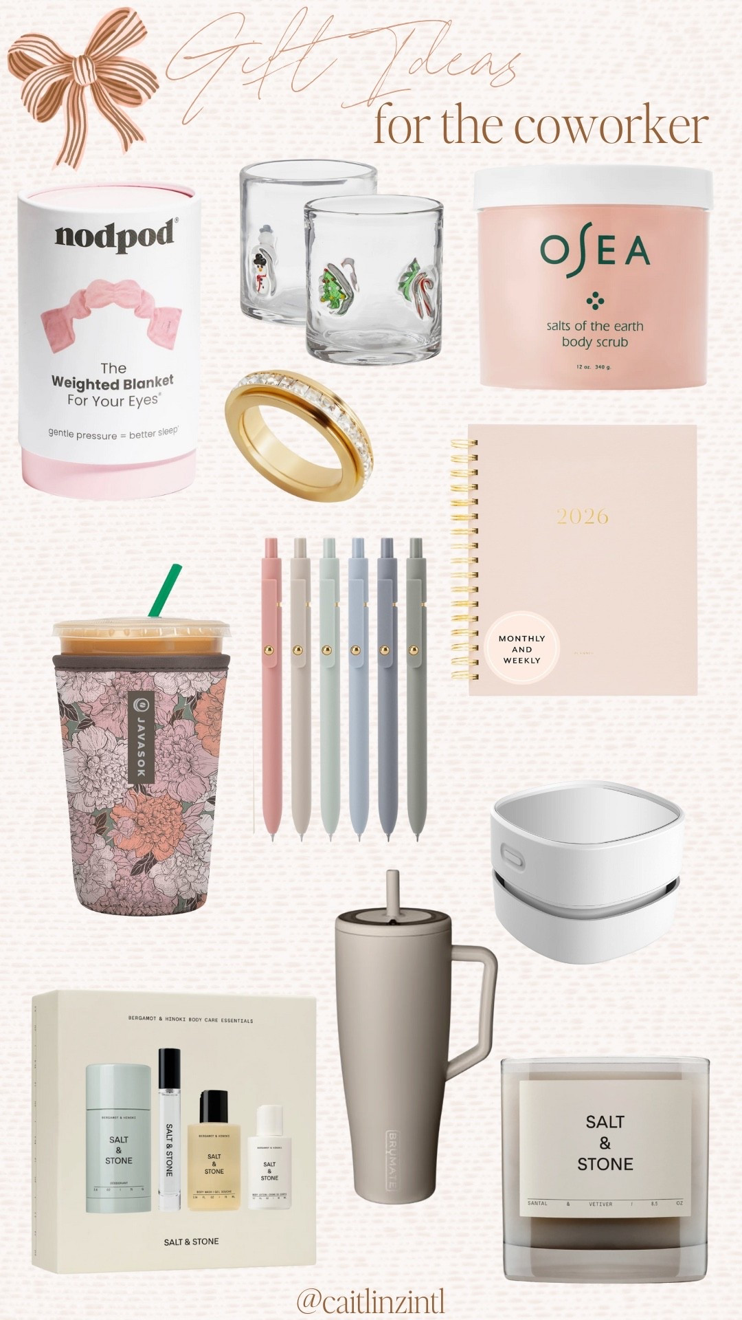 Gift ideas for the coworker! 

Nodpod. Eye mask. Glasses. Body scrub. Ring. Planner. Pens. Java sock. Desk vacuum. Brumate. Tumbler. Beauty set. Candle  

#LTKGiftGuide #LTKHoliday #LTKFindsUnder100