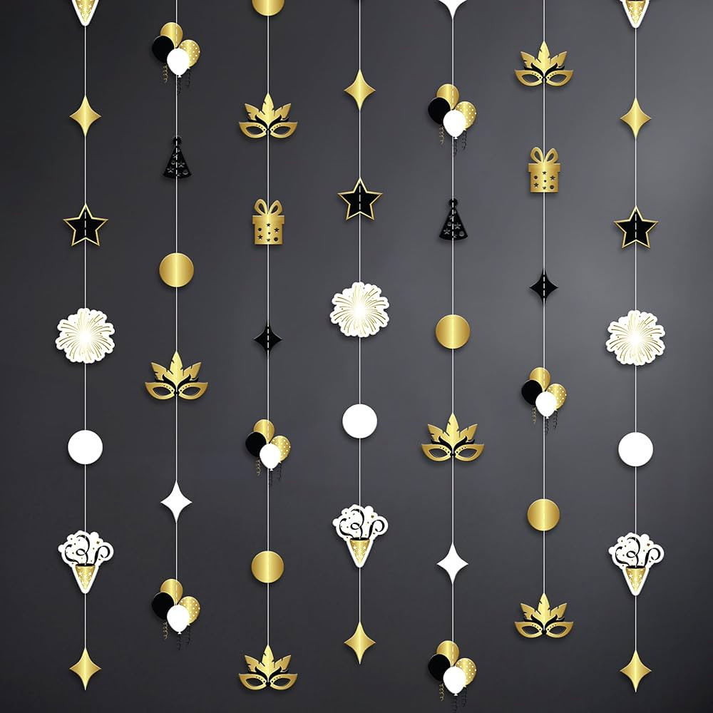 KatchOn, Happy New Years Garland- 9 Strings | Pre-Strung, Happy New Year Banner | Black and Gold ... | Amazon (US)