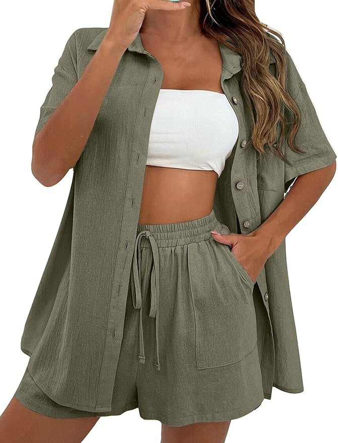QIBABU Women's Linen Shorts Sets 2 Piece Summer Short Sleeve Top and Shorts Sweatsuit Set Vacatio... | Amazon (US)