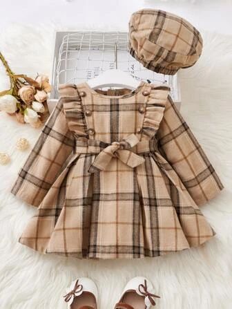 Baby Plaid Print Ruffle Trim Dress & Hat | SHEIN