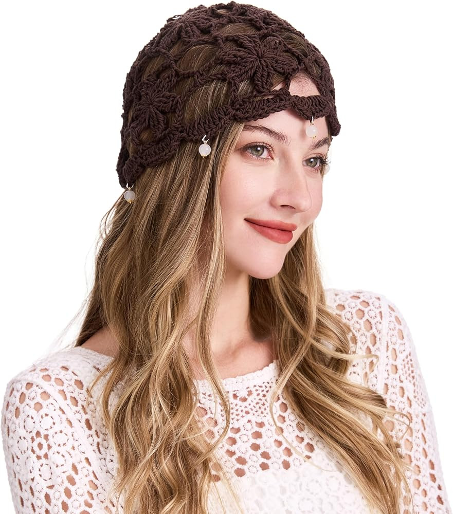 ZLYC Women Cotton Crochet Skull Cap Handmade Knit Cutout Floral Beanie Hat | Amazon (US)
