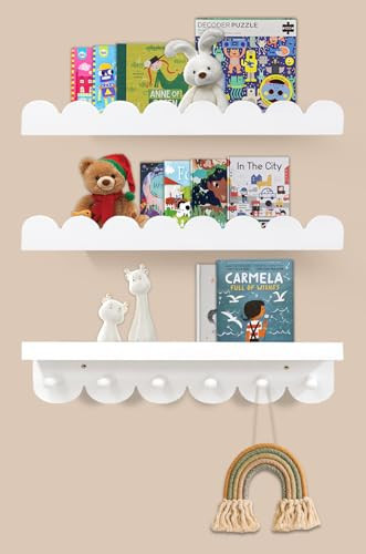 Iswabard Floating Nursery Book Shelves with Hooks-Scalloped Wall Book Shelves for Bedroom Kids Set of 3, Nursery Furniture Must Have, 16 Inch, White | Amazon (US)