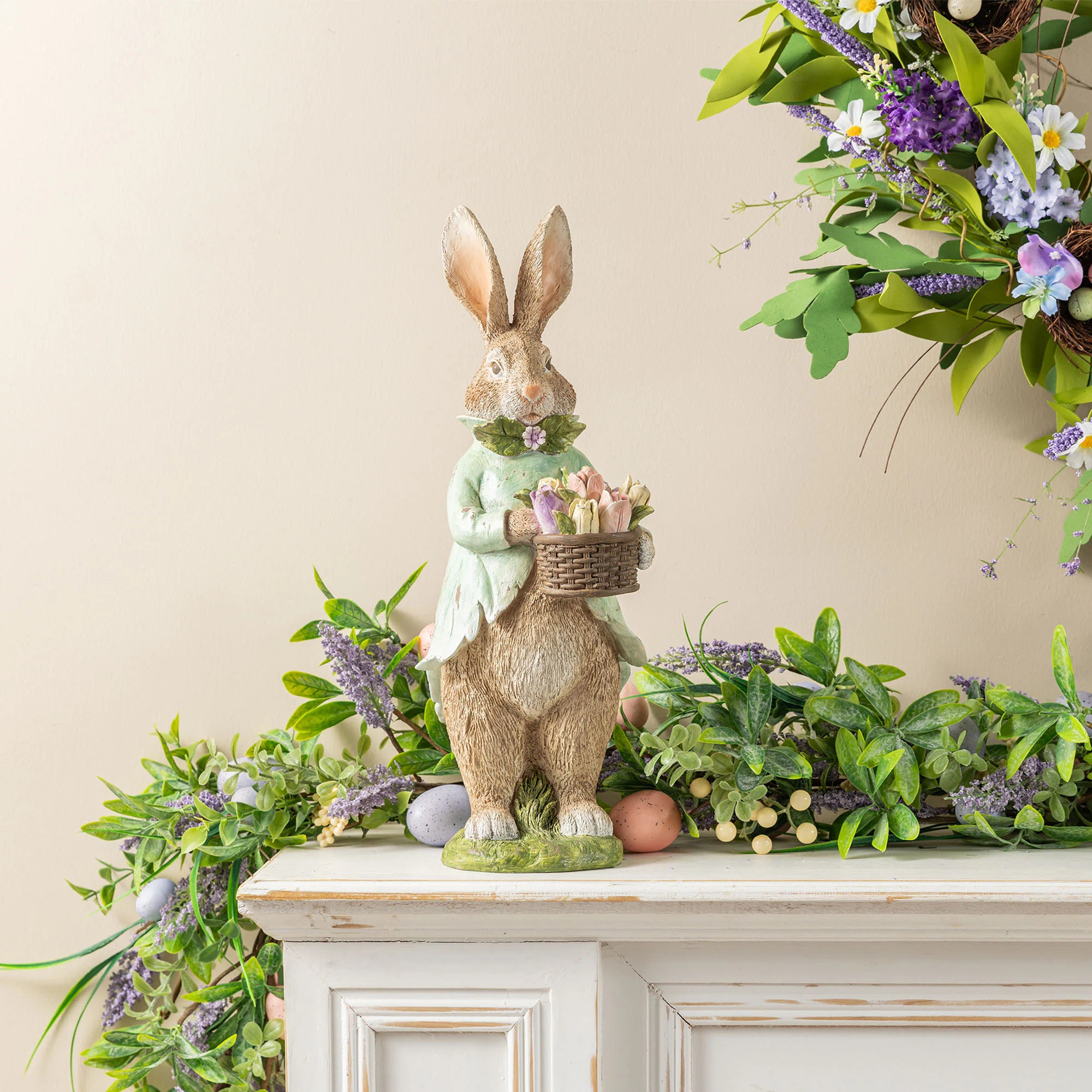 15.75"H Easter Resin Bunny Boy Table Decor With Flowers | Wayfair North America