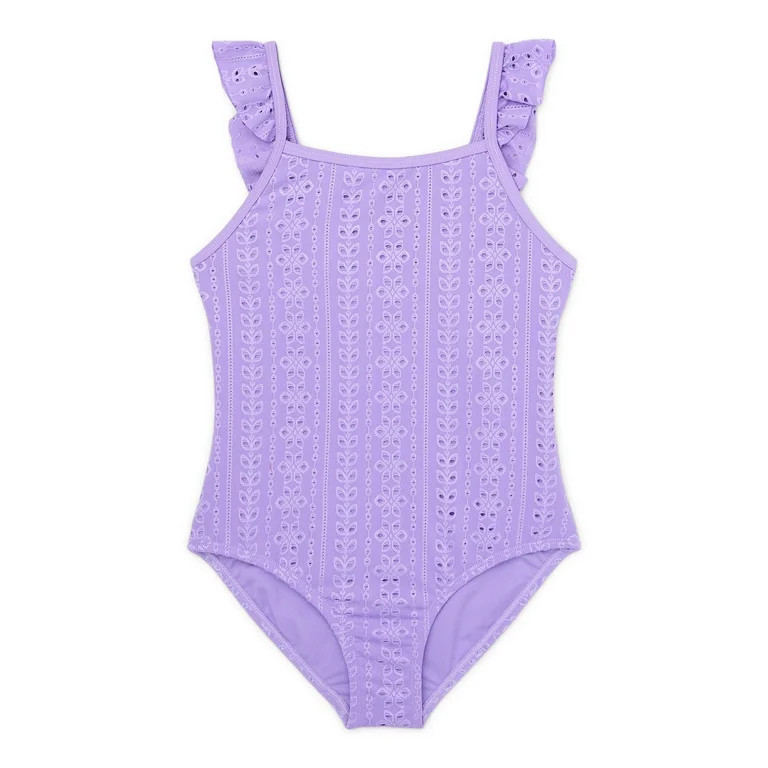 Wonder Nation Girls Eyelet Flutter One Piece Swimsuit with UPF50+, Sizes 4-16 & Plus | Walmart (US)