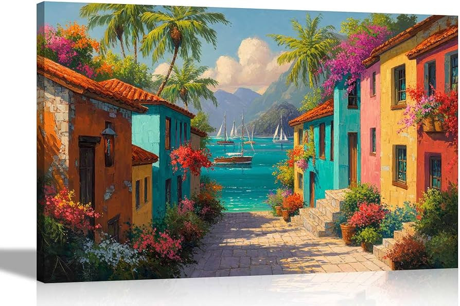 Artley Prints - Colourful Caribbean Town Ocean ViewCanvas Wall Art Landscape Print for Living Roo... | Amazon (UK)