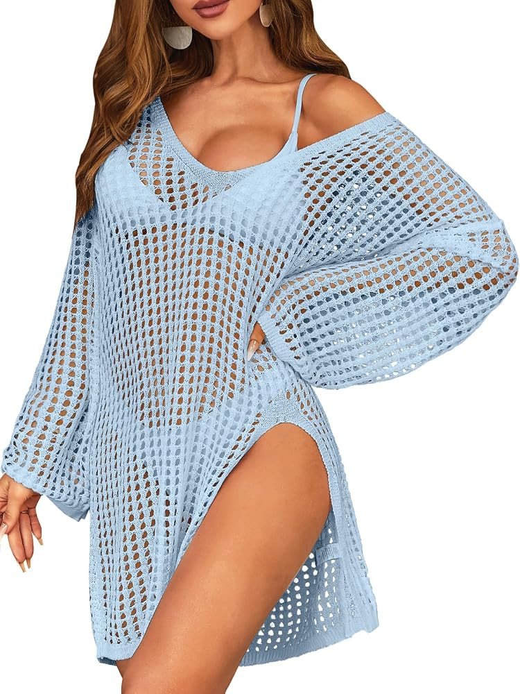SOCIALA Swimsuit Cover Up for Women Crochet Tops Side Split Swim Bikini Bathing Suit Beach Coveru... | Amazon (US)