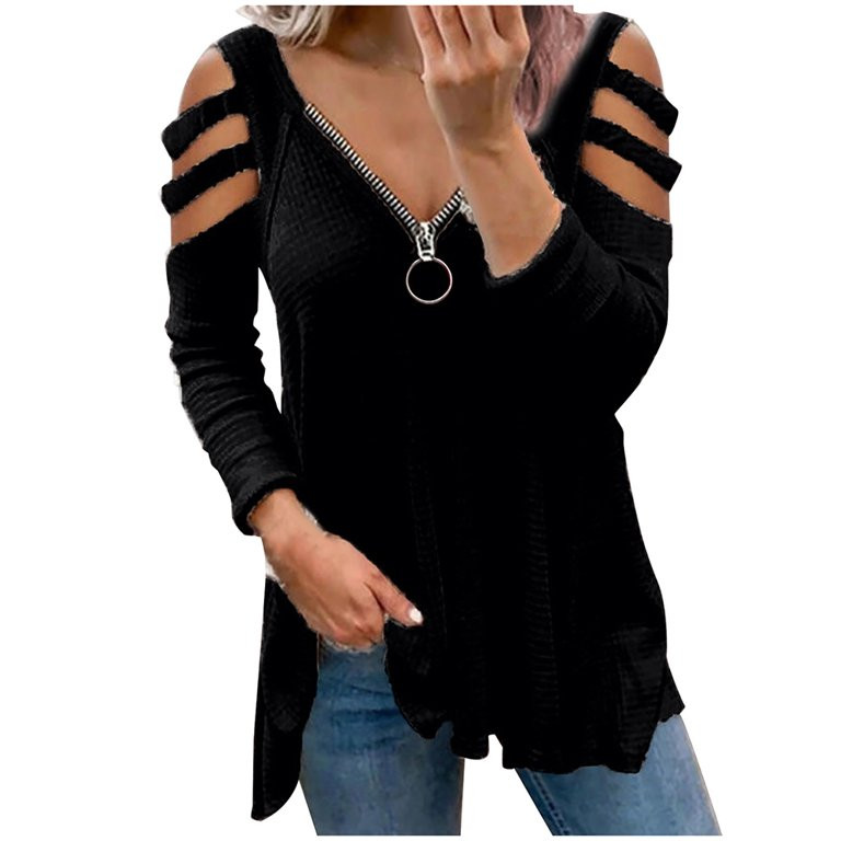 MELDVDIB Womens Fashion Hollow Out T-Shirt V-Neck Long Sleeve Zipper Summer Fall Loose Ladies Cas... | Walmart (US)