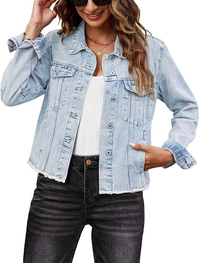 luvamia Denim Jacket for Women Distressed Jean Jackets Button Up Vintage Western Trucker Jacket F... | Amazon (US)