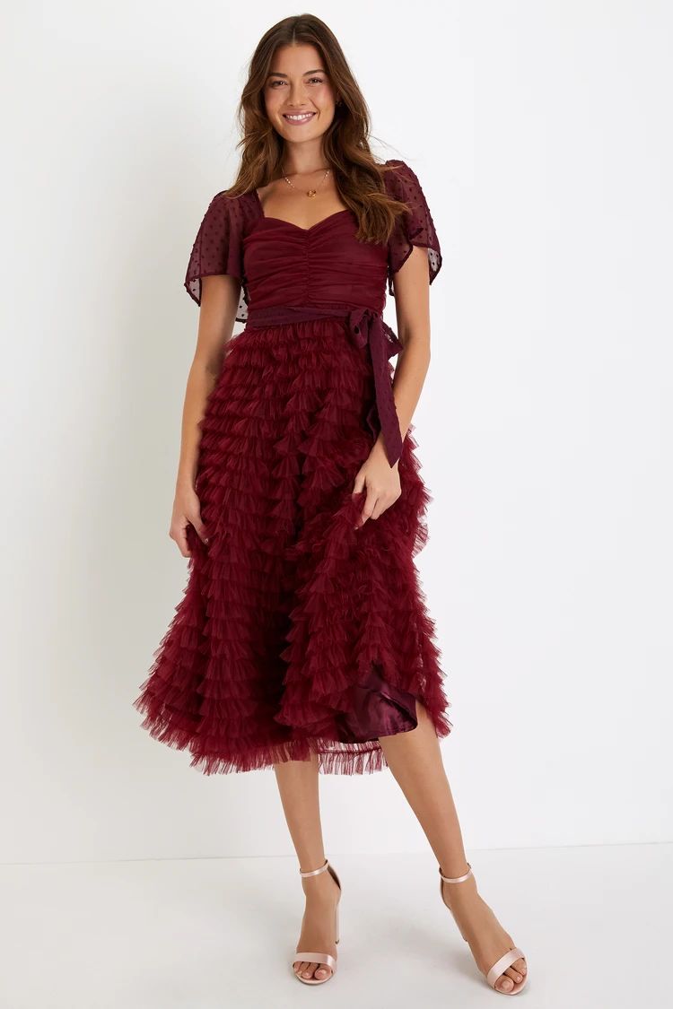 Stunning Delight Burgundy Tulle Swiss Dot Tiered Midi Dress | Lulus (US)