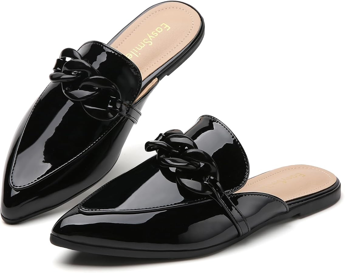 Metal Chain Decor Flat Mules for Women Closed Pointed Toe Slip on Loafers Slides Backless Mules S... | Amazon (US)
