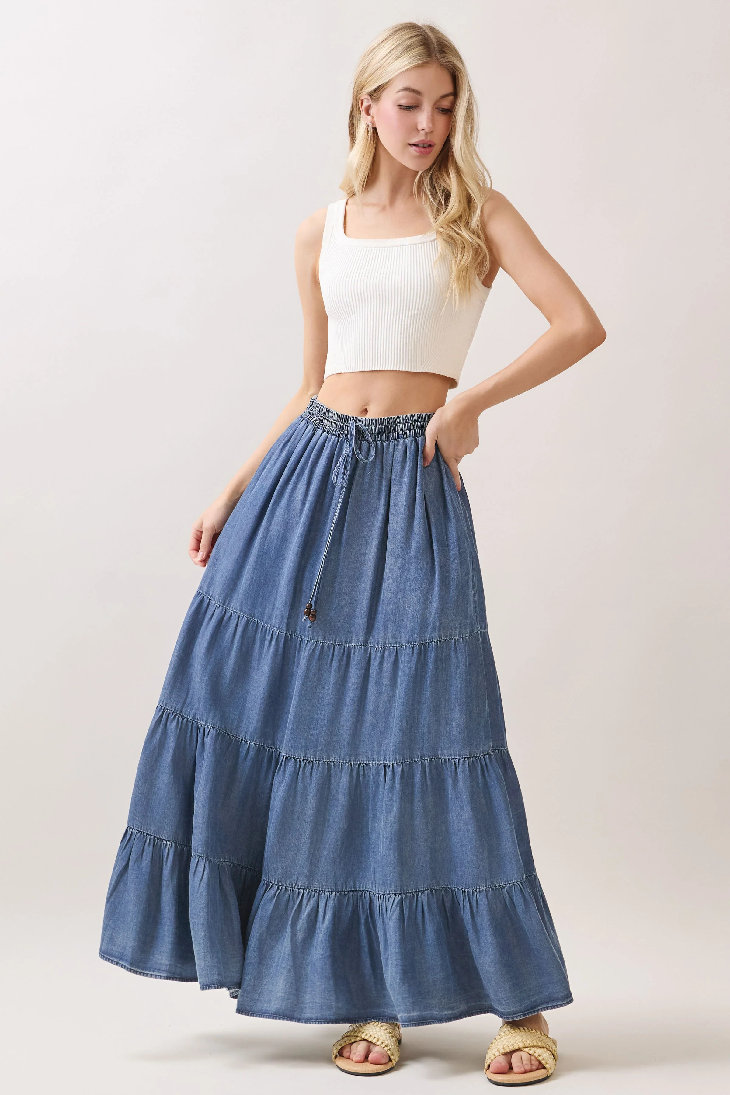 Blue Chambray Tiered Maxi Skirt - Medium | PinkBlush Maternity