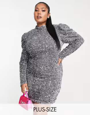 Saint Genies Plus embellished sequin long sleeve mini dress in silver | ASOS (Global)