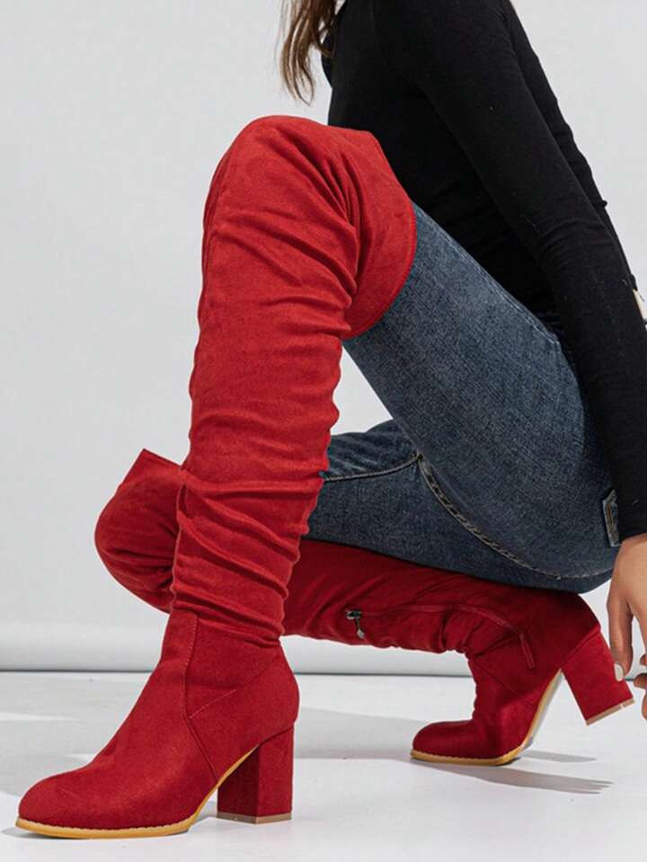 Ideal With Jacket,2024 New Women's Suede Thick High Heel Side Zipper Over-The-Knee Boots | SHEIN