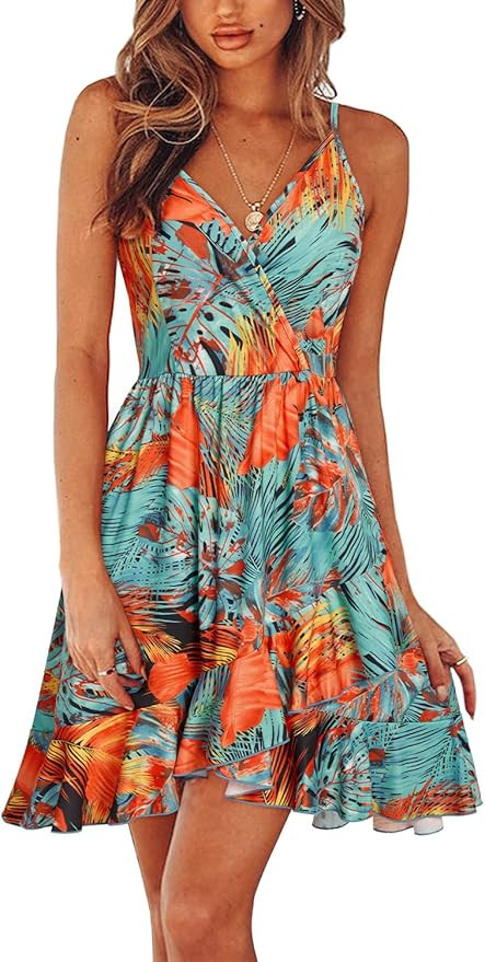 ULTRANICE Womens Summer Dresses Floral V Neck Ruffled Hem Spaghetti Spring Casual Beach Outfits F... | Amazon (US)