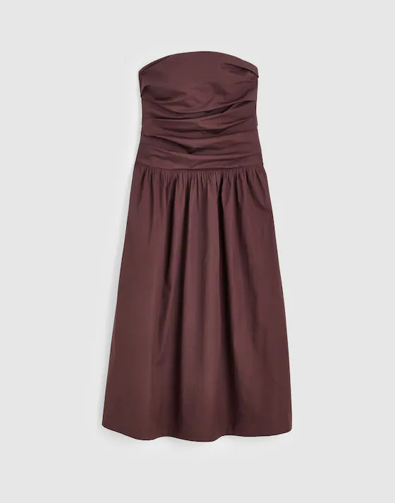 Strapless Ruched Midi Dress in Poplin | Madewell
