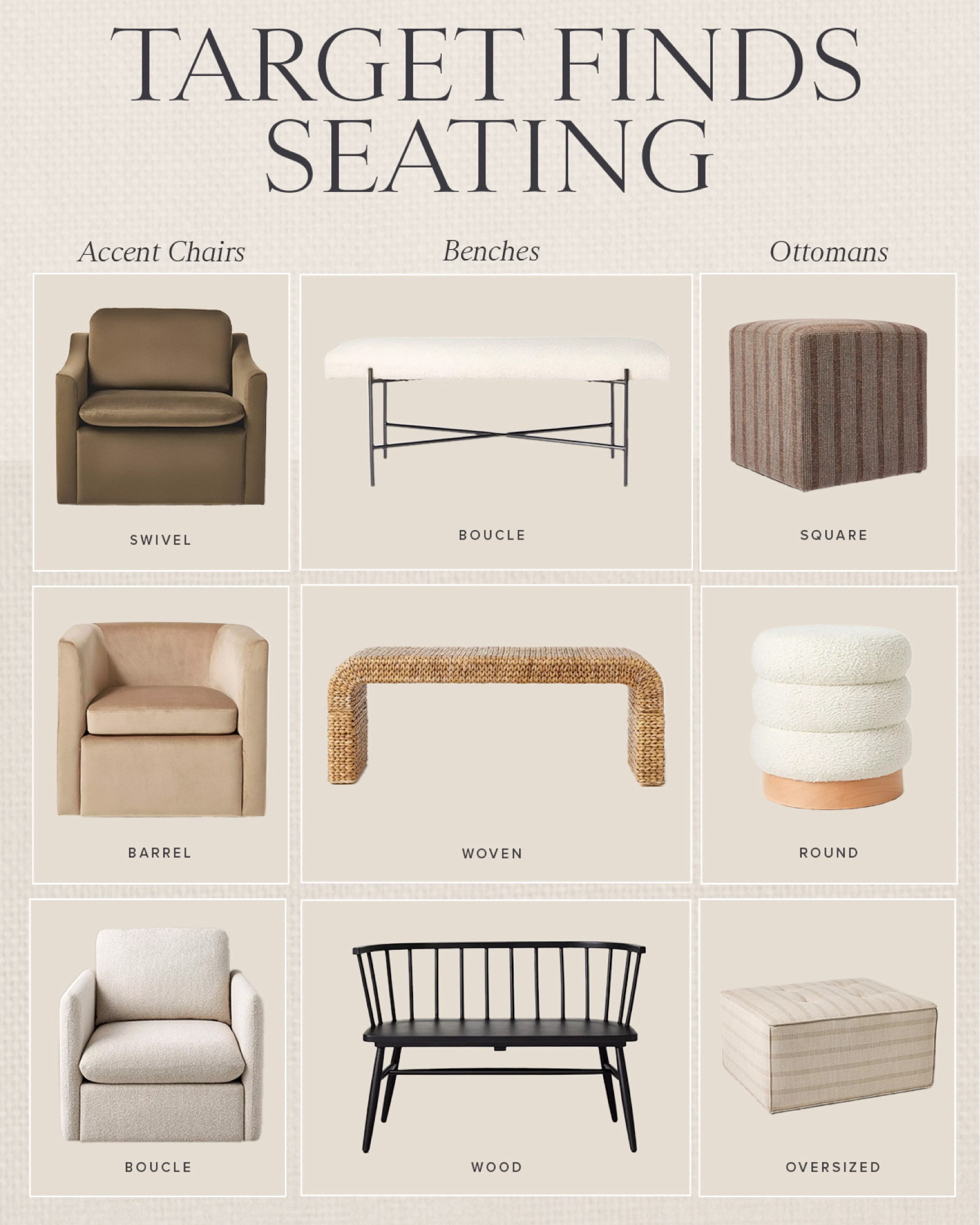 HOME \ Target seating finds - accent chairs, benches and poufs 

Living room
Entry
Bedroom 

#LTKFindsUnder100 #LTKHome