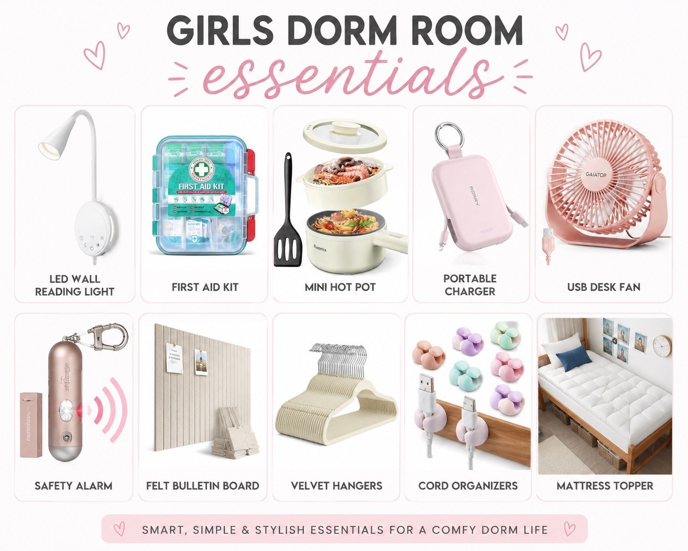 College move-in season is here and these are a few dorm room essentials that make life so much easier. From a comfy mattress topper and reading light to a portable charger, mini hot pot, desk fan, and safety alarm, these are the items I’d pack again and again.

Everything is practical, space-saving, and perfect for creating a cozy dorm setup.

#LTKBackToSchool #DormRoomEssentials #CollegeMustHaves #DormDecor #CollegeLife #LTKHome #BackToSchoolShopping #DormInspo #CollegeApartment #LTKFinds