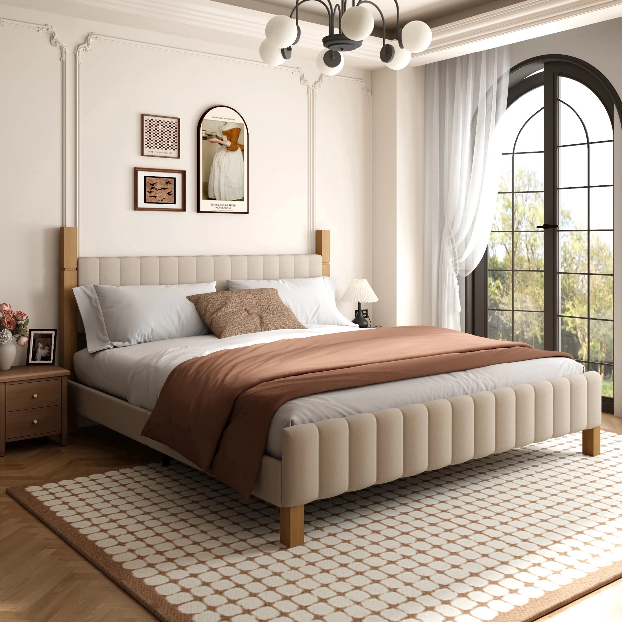 Brafabhome King Bed Frame with Upholstered Headboard, Modern Wood Bed Frame with Solid Wood Posts, No Box Spring Needed, Gray Linen | Walmart (US)