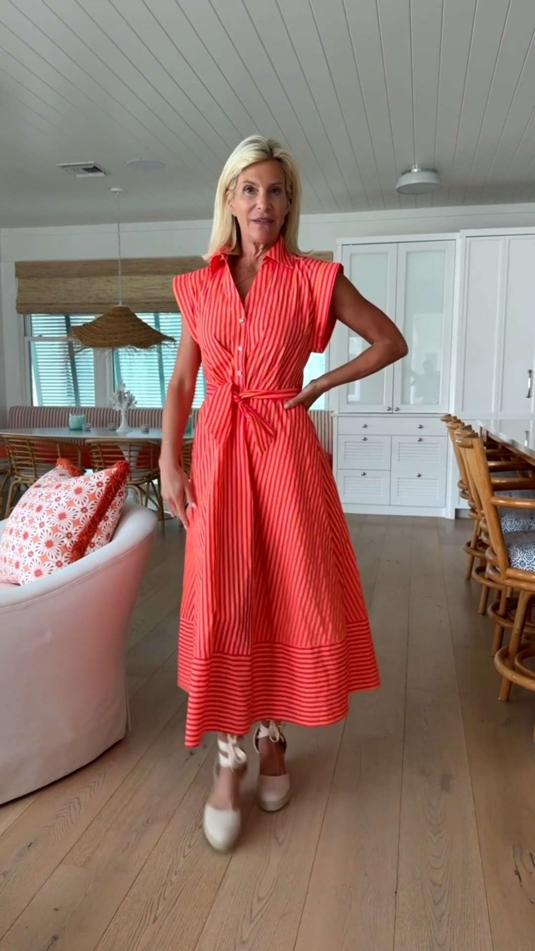 Coral Red Striped Midi Dress Outfit for Summer. 

 #LTKootd #LTKSeasonal #LTKOver40