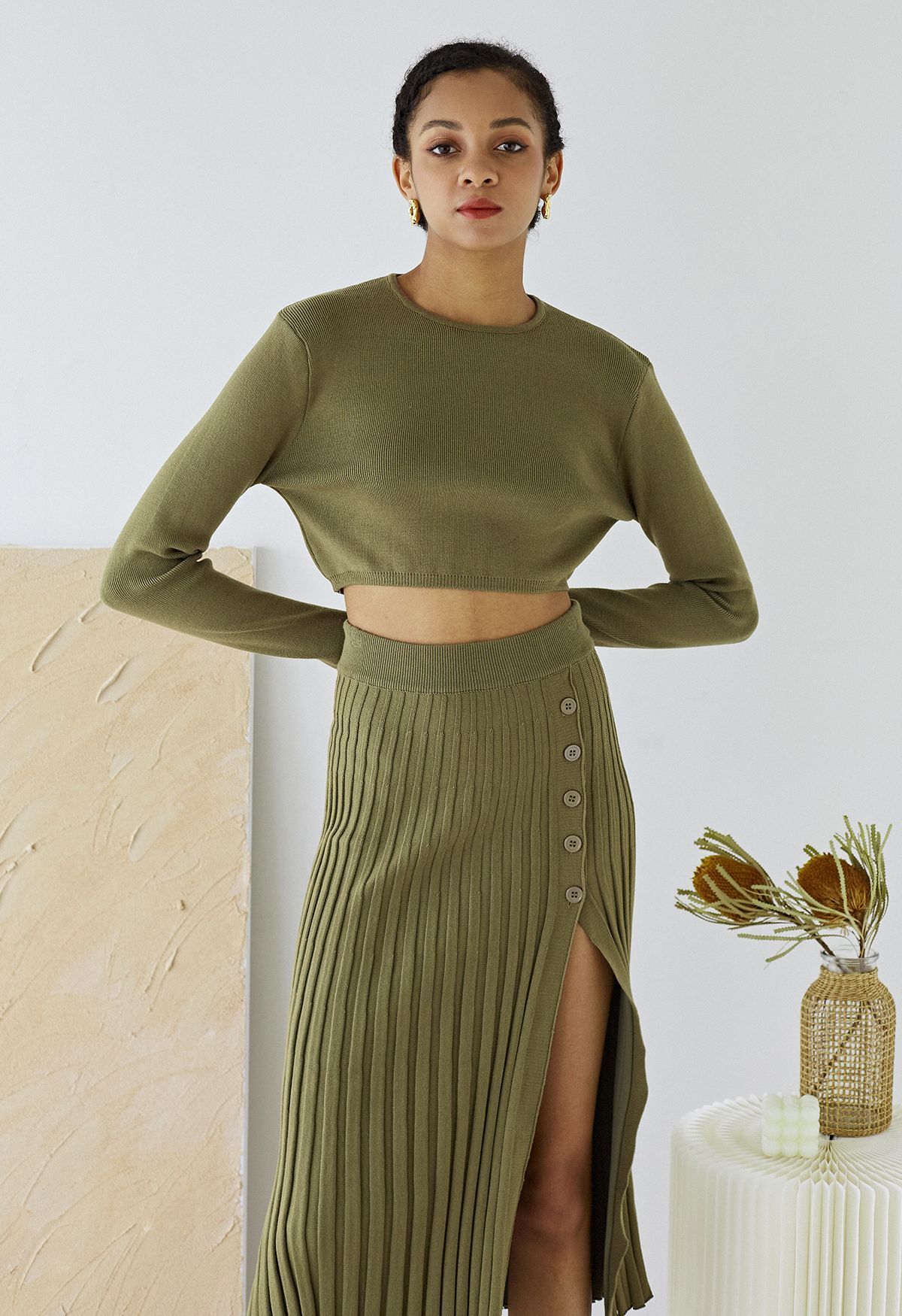 Knitted Crop Top and Buttoned Slit Skirt Set in Olive | Chicwish