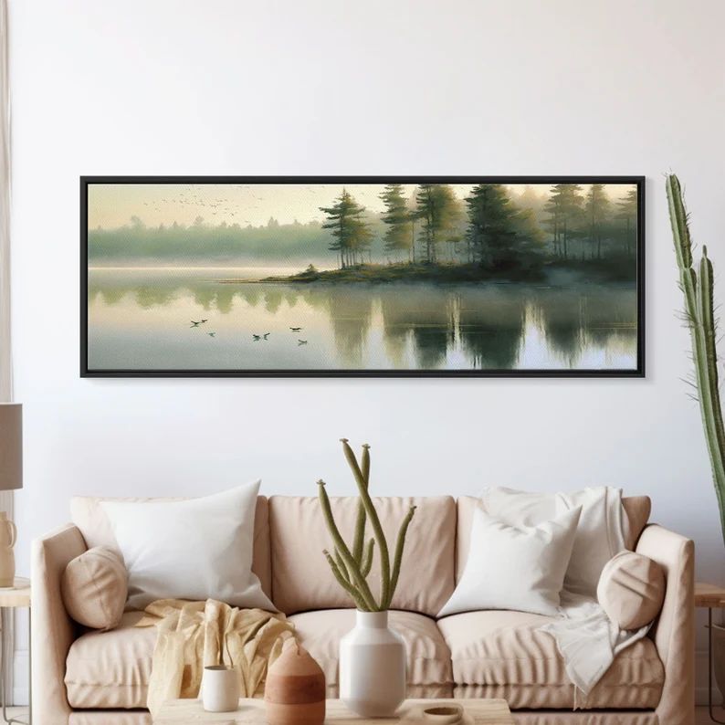 Framed Lake Landscape Art, Panoramic, Framed Wall Art, Living Room Wall Decor, Framed Canvas, Min... | Etsy (US)