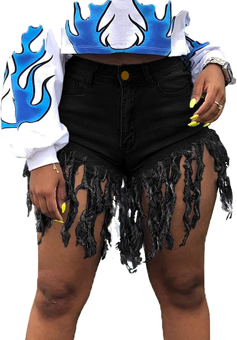 Weigou Women Denim Shorts High Waisted Tassels Summer Stretchy Frayed Raw Hem Short Jeans Clubwea... | Amazon (US)